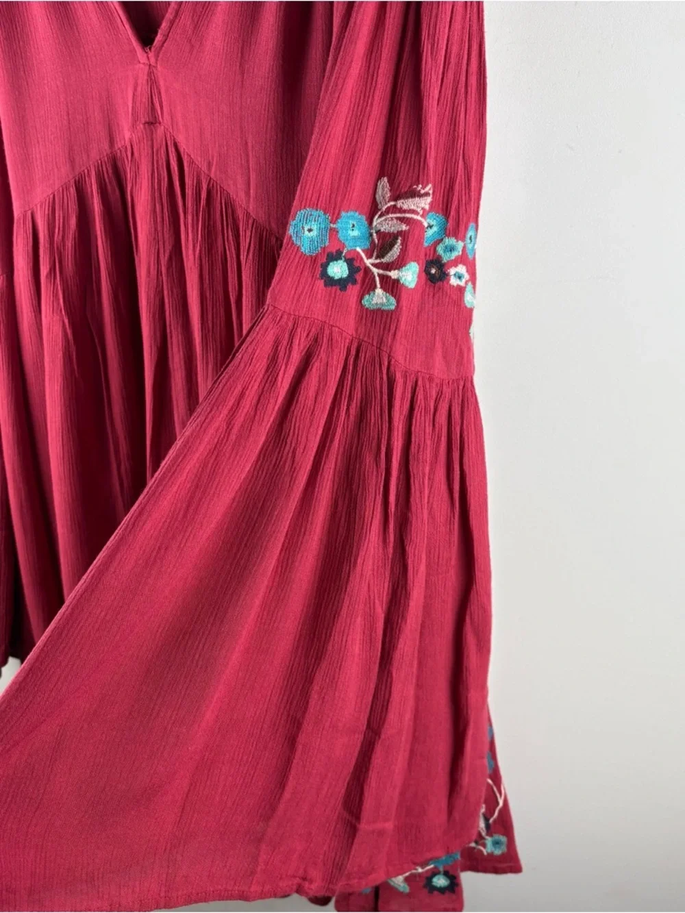 Free People Te Amo Floral Boho Mini Dress $148 Red XS Babydoll Embroidered Bell - Picture 5 of 10